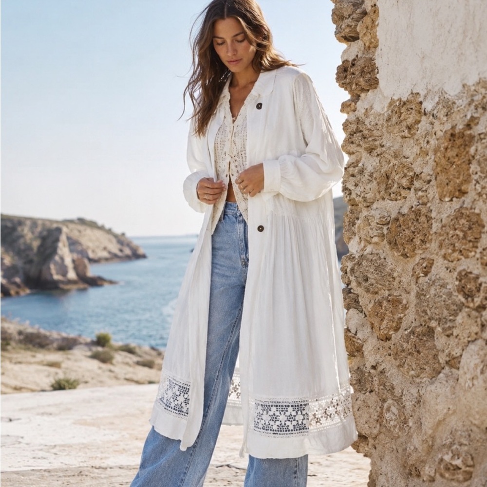 FREE PEOPLE Float On Crochet Lace Duster Cardigan White Sz Small
